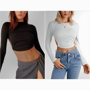 2 Pcs - Womens Mock neck Open Back Long Sleeve crop tops - Black White, Size L